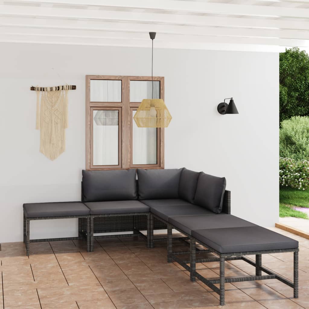 6 Piece Garden Lounge Set with Cushions Poly Rattan Grey - Newstart Furniture