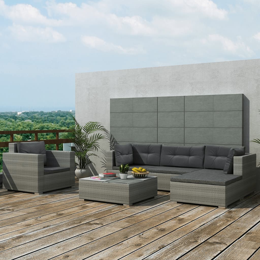 6 Piece Garden Lounge Set with Cushions Poly Rattan Grey - Newstart Furniture