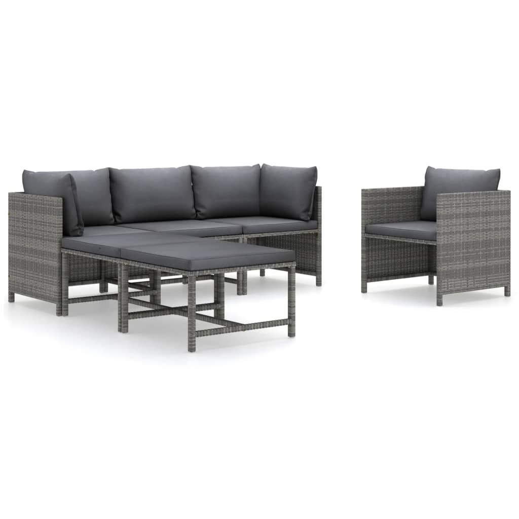 6 Piece Garden Lounge Set with Cushions Poly Rattan Grey - Newstart Furniture