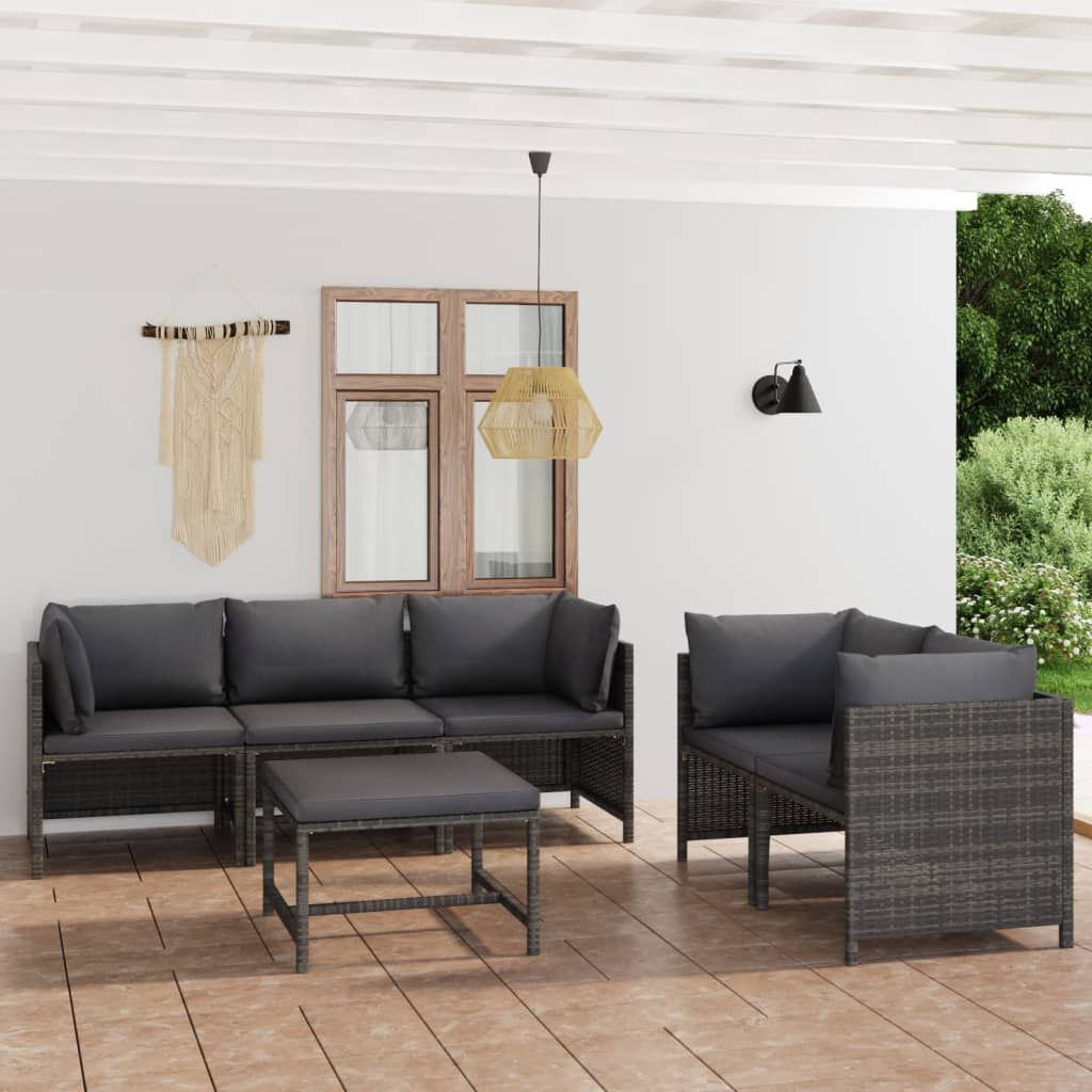 6 Piece Garden Lounge Set with Cushions Poly Rattan Grey - Newstart Furniture