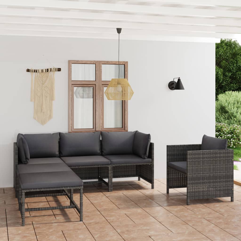 6 Piece Garden Lounge Set with Cushions Poly Rattan Grey - Newstart Furniture