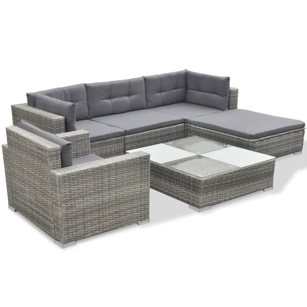 6 Piece Garden Lounge Set with Cushions Poly Rattan Grey - Newstart Furniture