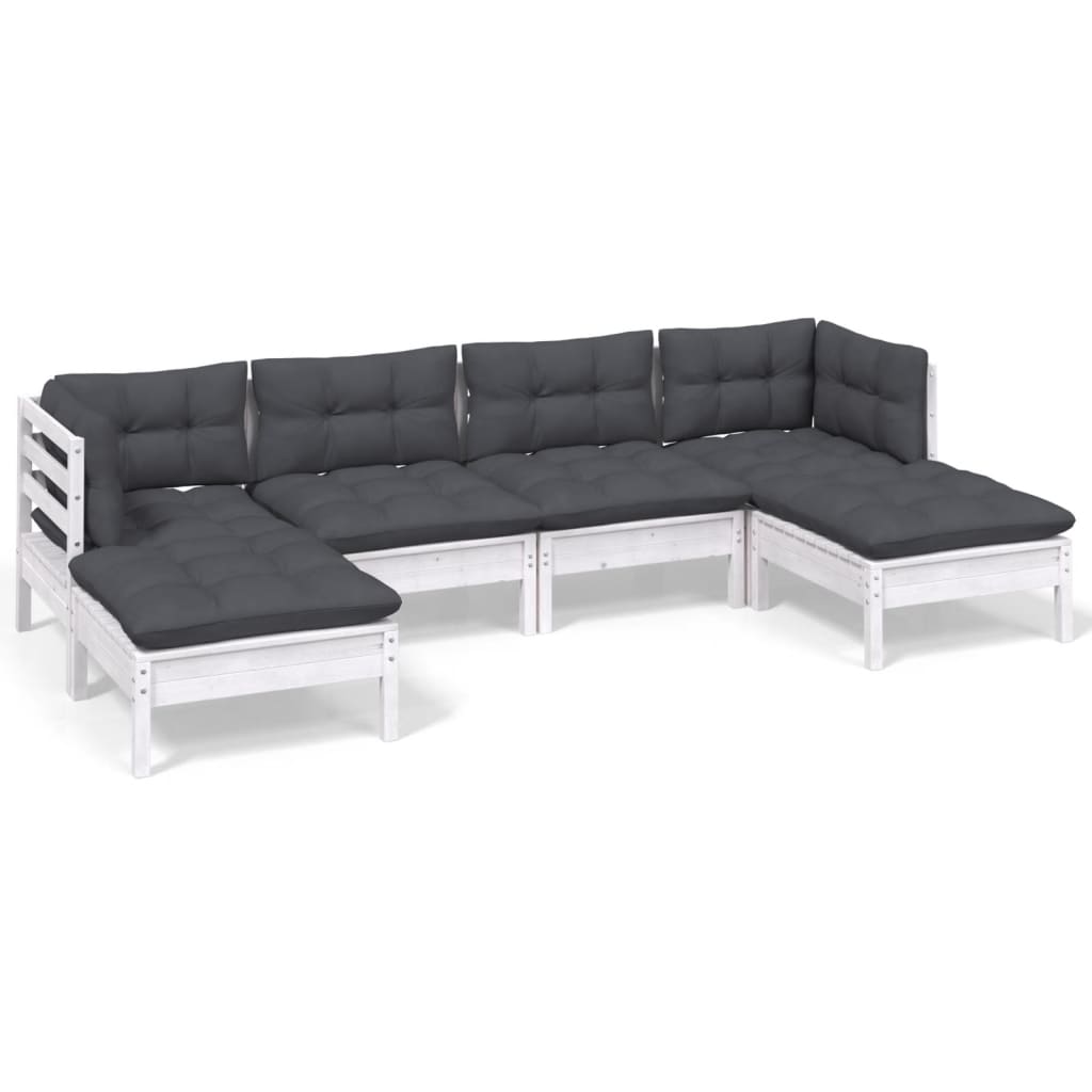 6 Piece Garden Lounge Set with Cushions White Pinewood - Newstart Furniture