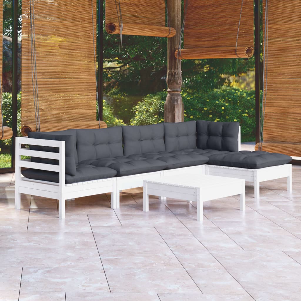 6 Piece Garden Lounge Set with Cushions White Pinewood - Newstart Furniture