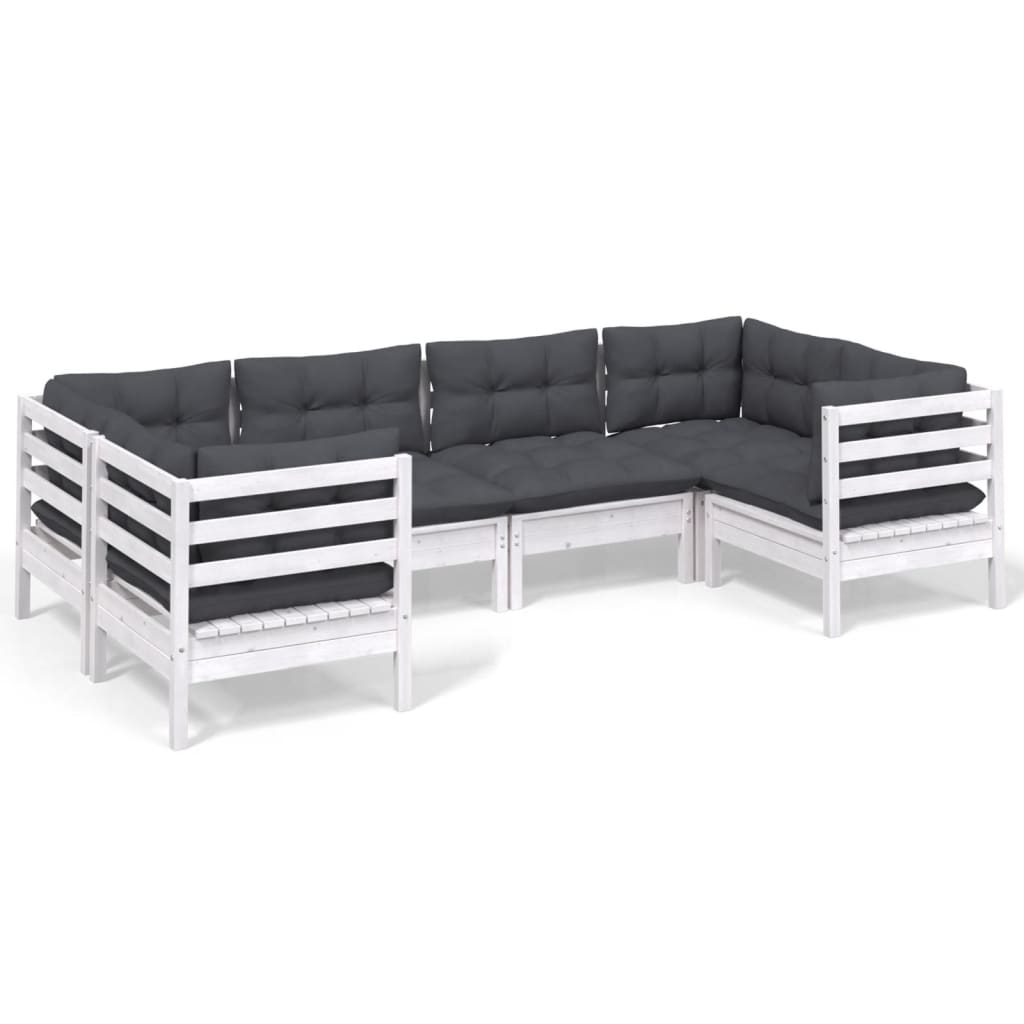 6 Piece Garden Lounge Set with Cushions White Pinewood - Newstart Furniture