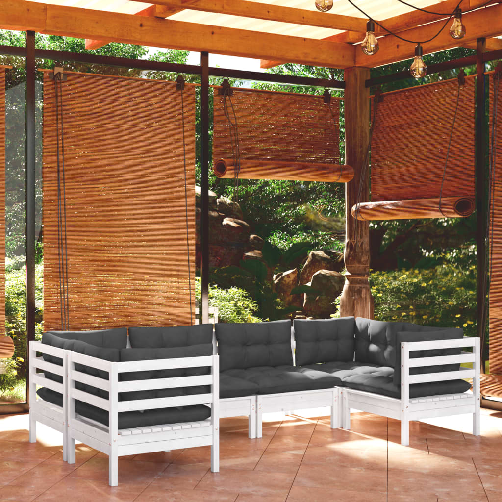 6 Piece Garden Lounge Set with Cushions White Pinewood - Newstart Furniture