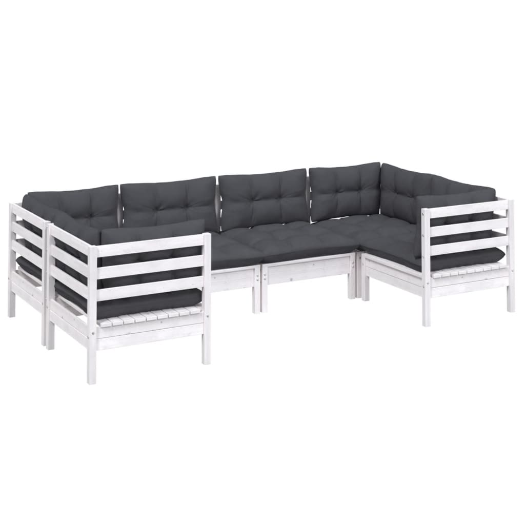 6 Piece Garden Lounge Set with Cushions White Pinewood - Newstart Furniture