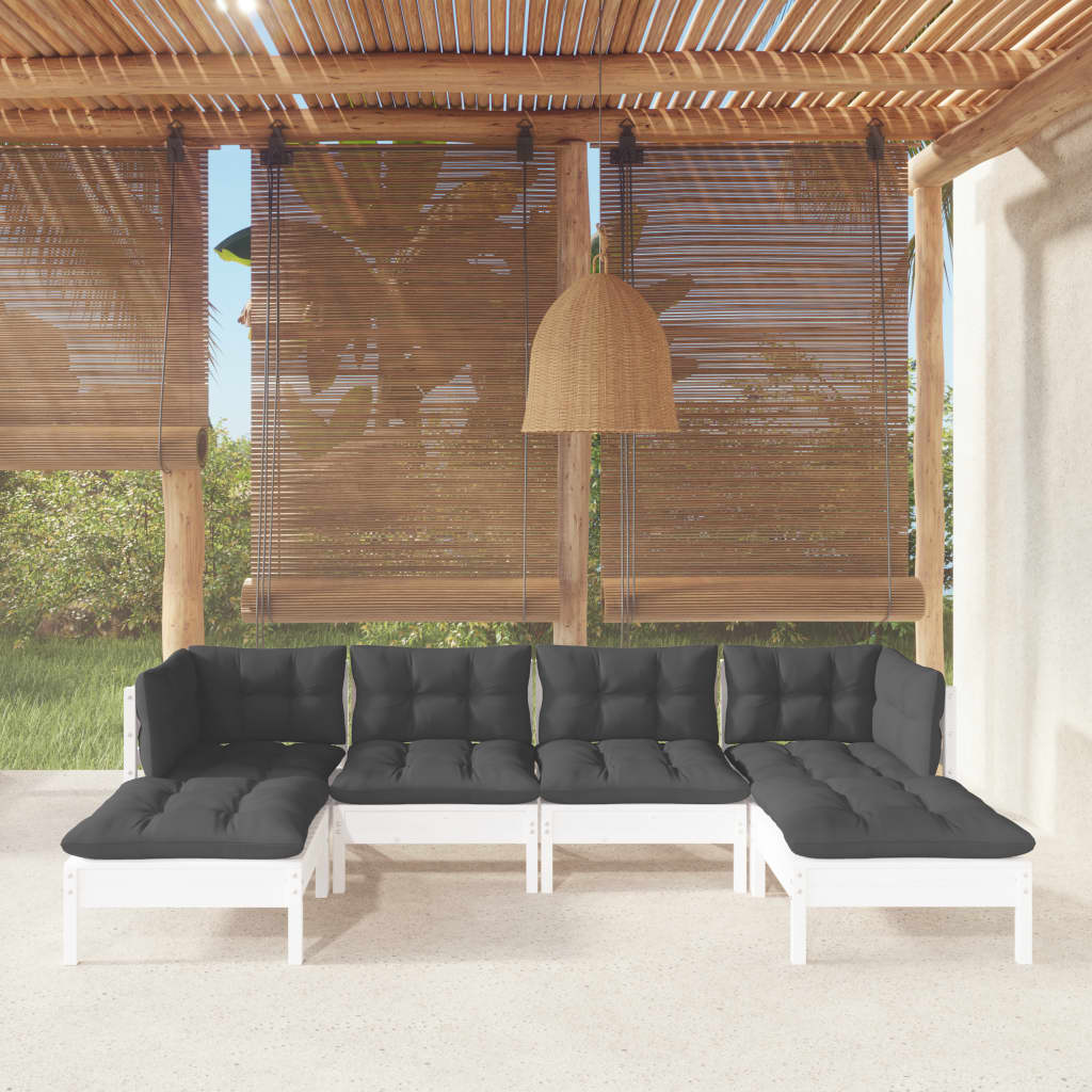 6 Piece Garden Lounge Set with Cushions White Pinewood - Newstart Furniture