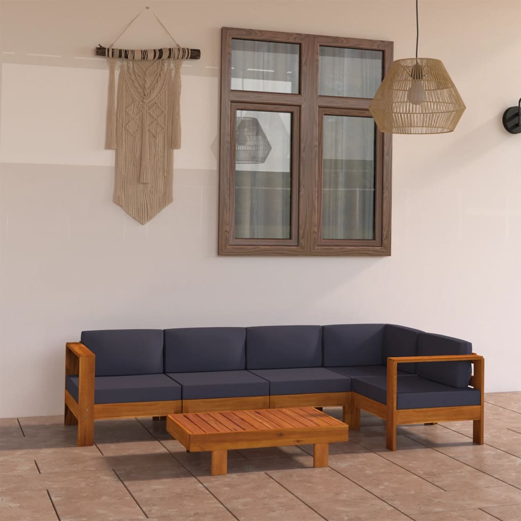 6 Piece Garden Lounge Set with Dark Grey Cushions Acacia Wood - Newstart Furniture