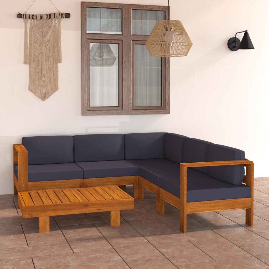 6 Piece Garden Lounge Set with Dark Grey Cushions Acacia Wood - Newstart Furniture