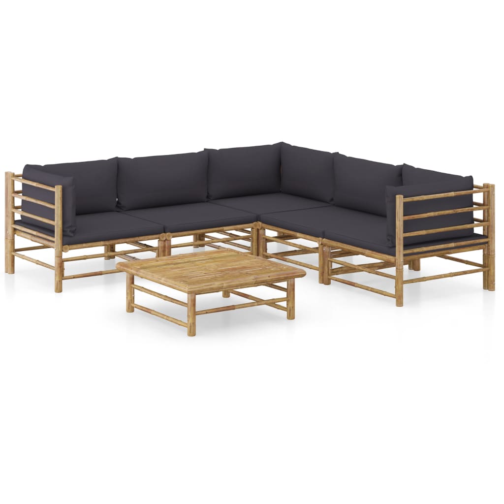 6 Piece Garden Lounge Set with Dark Grey Cushions Bamboo - Newstart Furniture