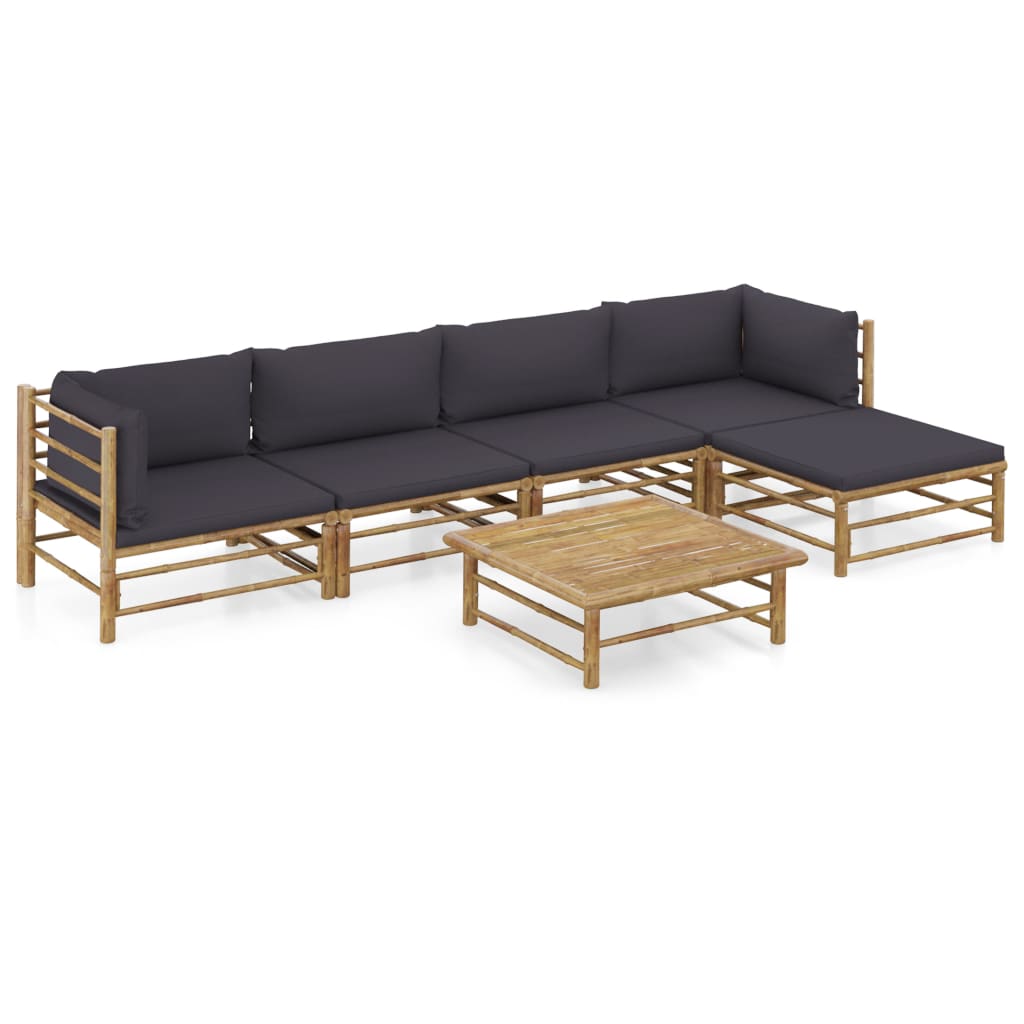 6 Piece Garden Lounge Set with Dark Grey Cushions Bamboo - Newstart Furniture