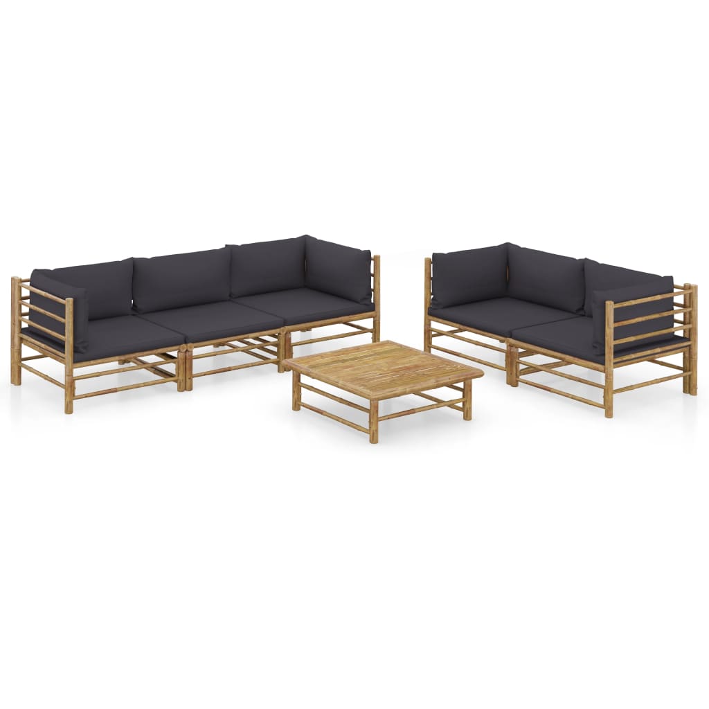 6 Piece Garden Lounge Set with Dark Grey Cushions Bamboo - Newstart Furniture