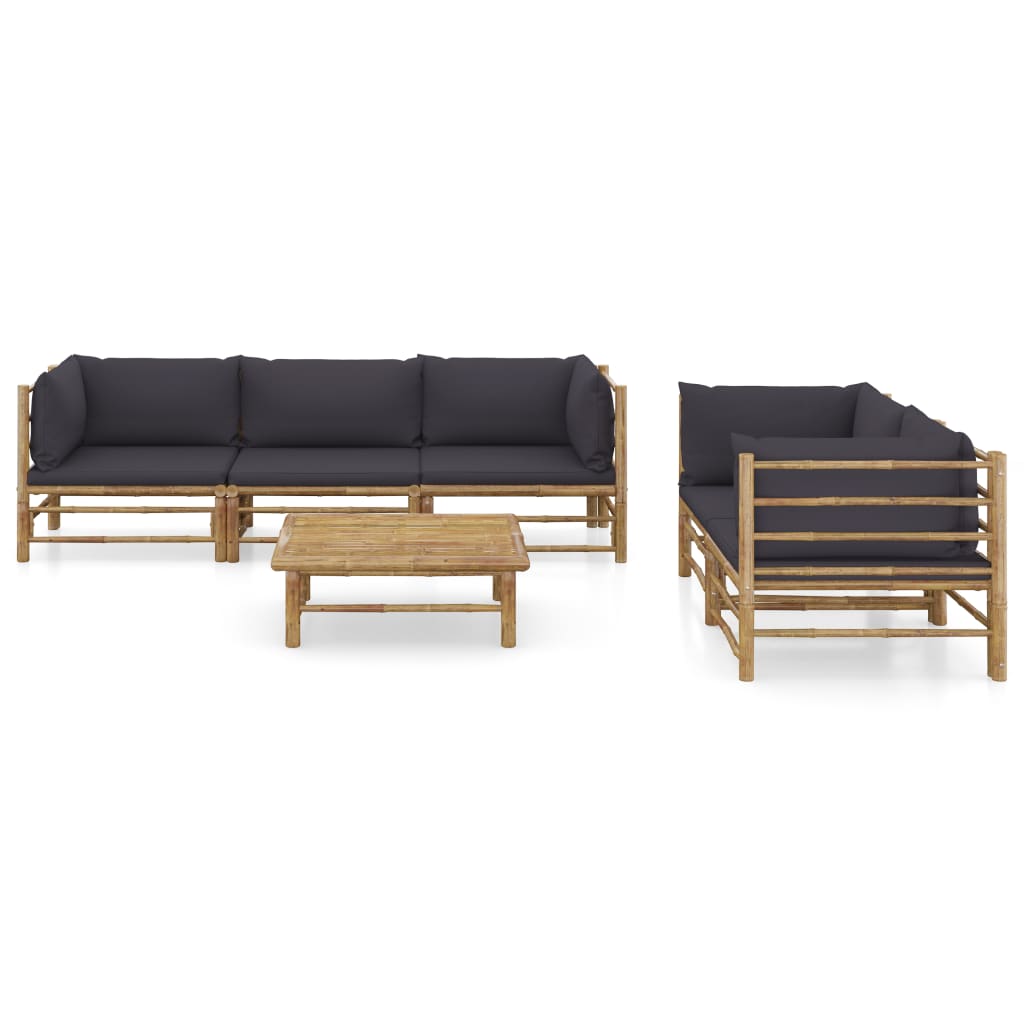 6 Piece Garden Lounge Set with Dark Grey Cushions Bamboo - Newstart Furniture