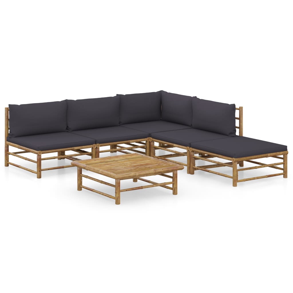 6 Piece Garden Lounge Set with Dark Grey Cushions Bamboo - Newstart Furniture