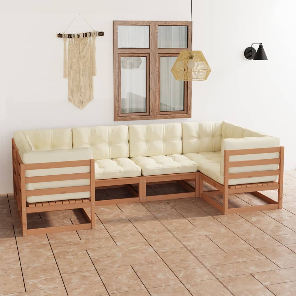 6 Piece Garden Lounge Set&Cushions Honey Brown Solid Pinewood - Newstart Furniture