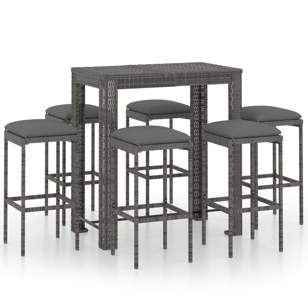 7 Piece Garden Bar Set with Cushions Poly Rattan Grey - Newstart Furniture