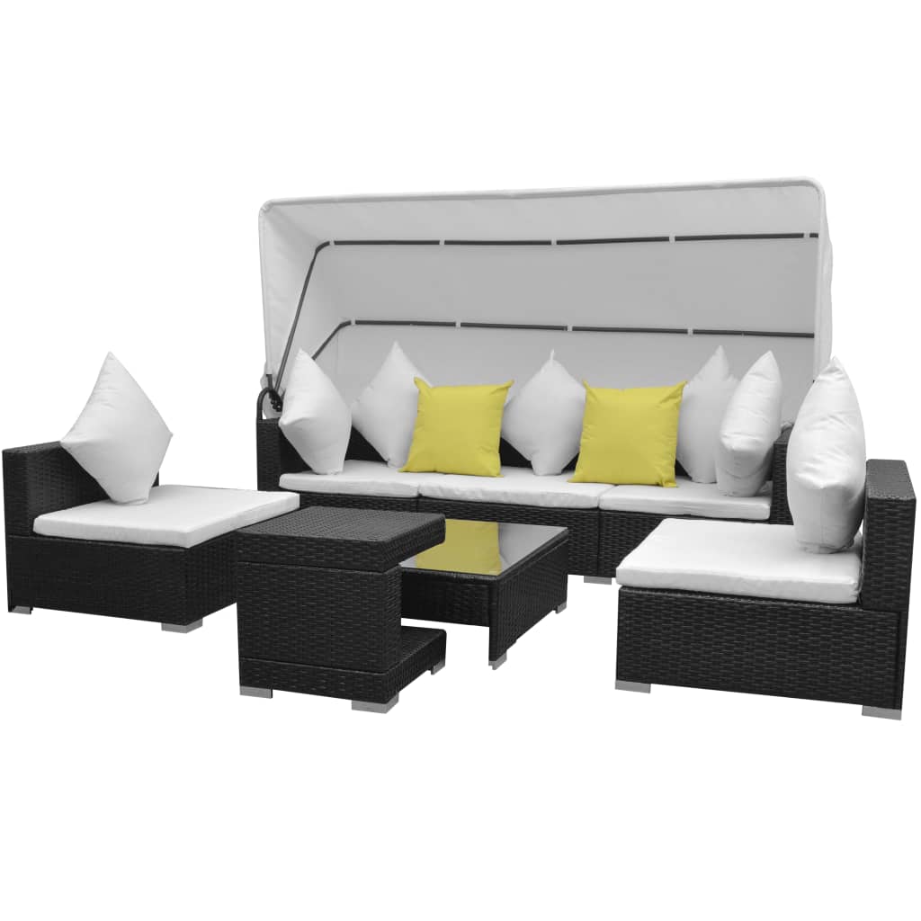 7 Piece Garden Lounge Set with Canopy Poly Rattan Black - Newstart Furniture