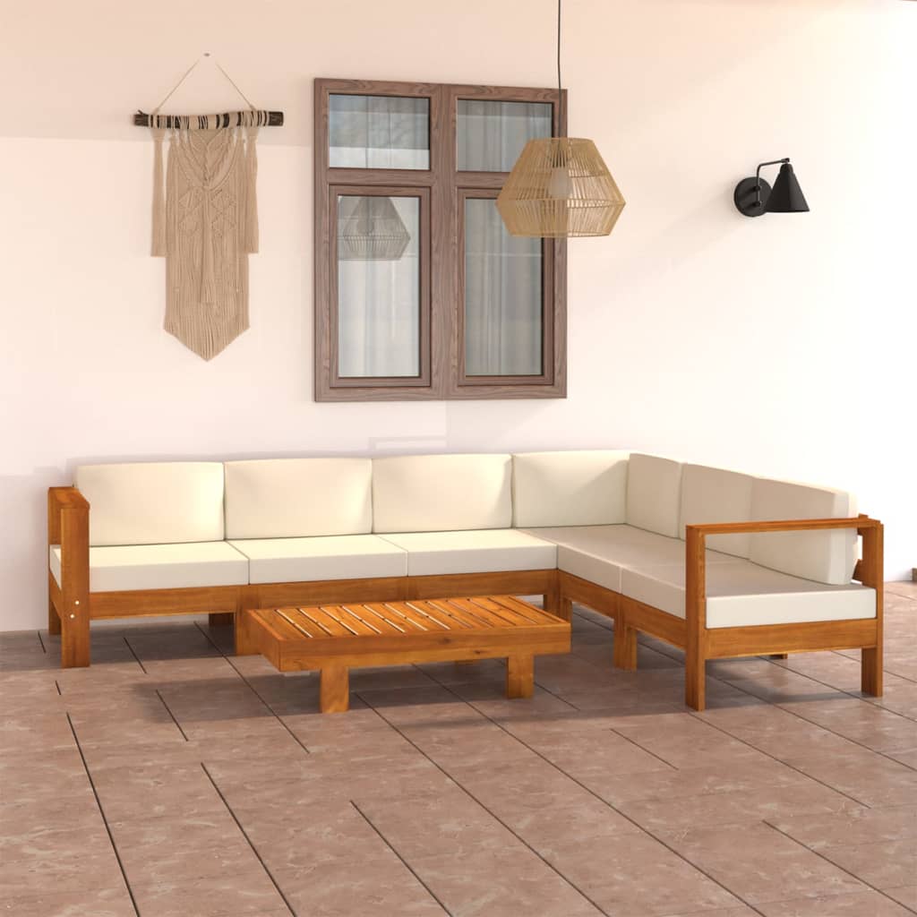 7 Piece Garden Lounge Set with Cream White Cushions Acacia Wood - Newstart Furniture