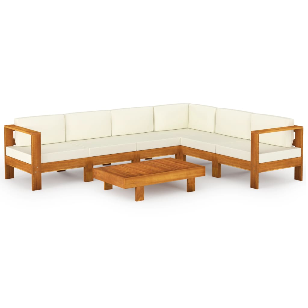 7 Piece Garden Lounge Set with Cream White Cushions Acacia Wood - Newstart Furniture