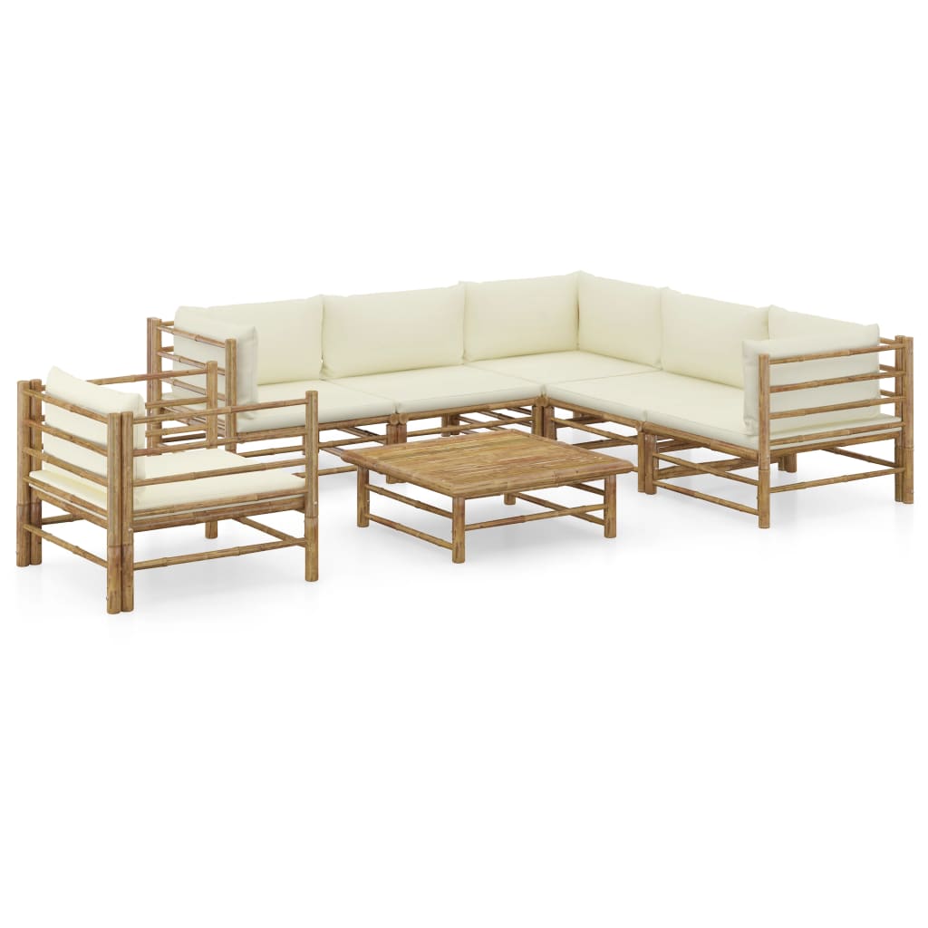 7 Piece Garden Lounge Set with Cream White Cushions Bamboo - Newstart Furniture