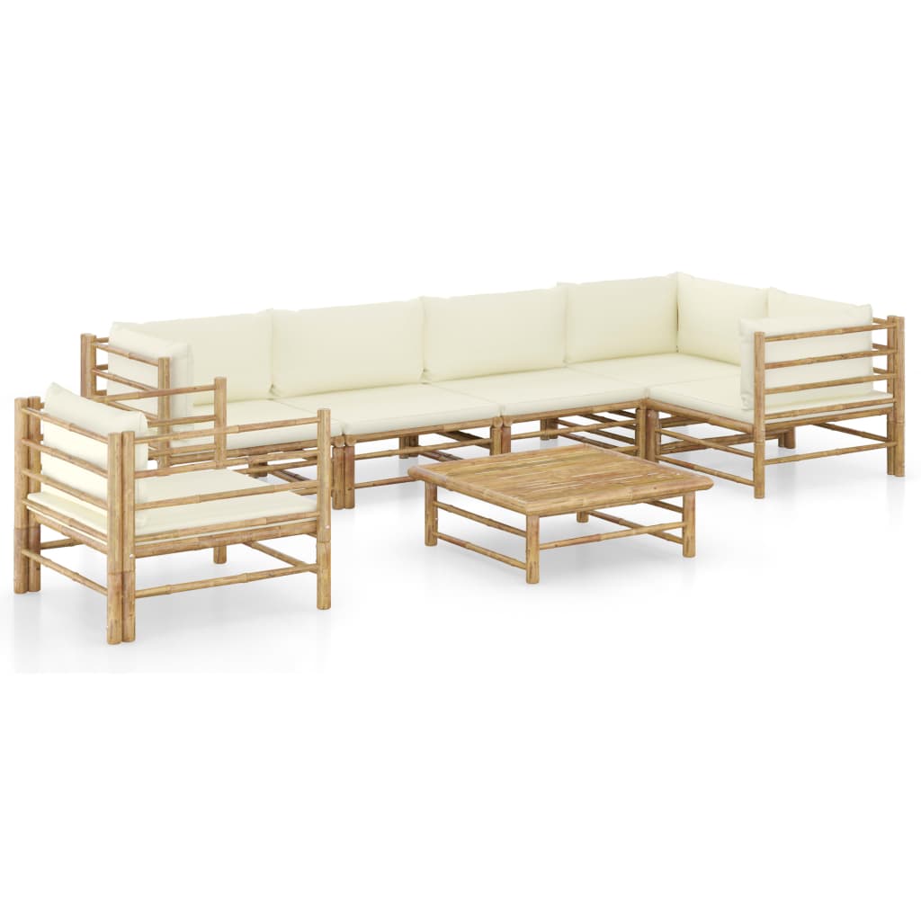 7 Piece Garden Lounge Set with Cream White Cushions Bamboo - Newstart Furniture