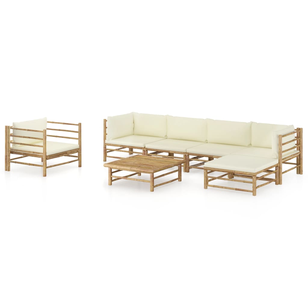 7 Piece Garden Lounge Set with Cream White Cushions Bamboo - Newstart Furniture