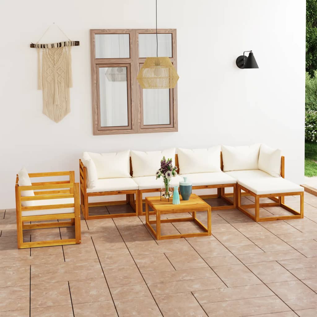 7 Piece Garden Lounge Set with Cushion Cream Solid Acacia Wood - Newstart Furniture