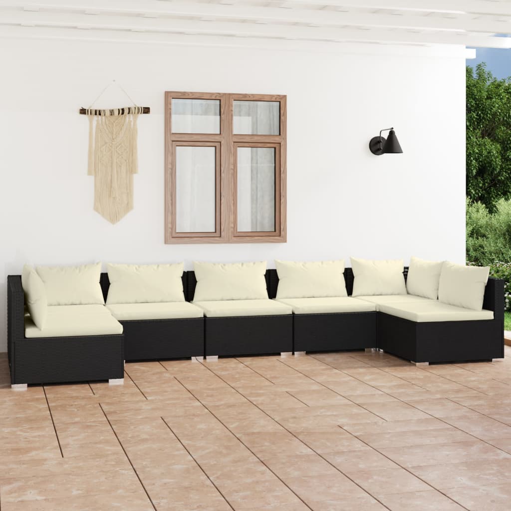 7 Piece Garden Lounge Set with Cushions Poly Rattan Black - Newstart Furniture