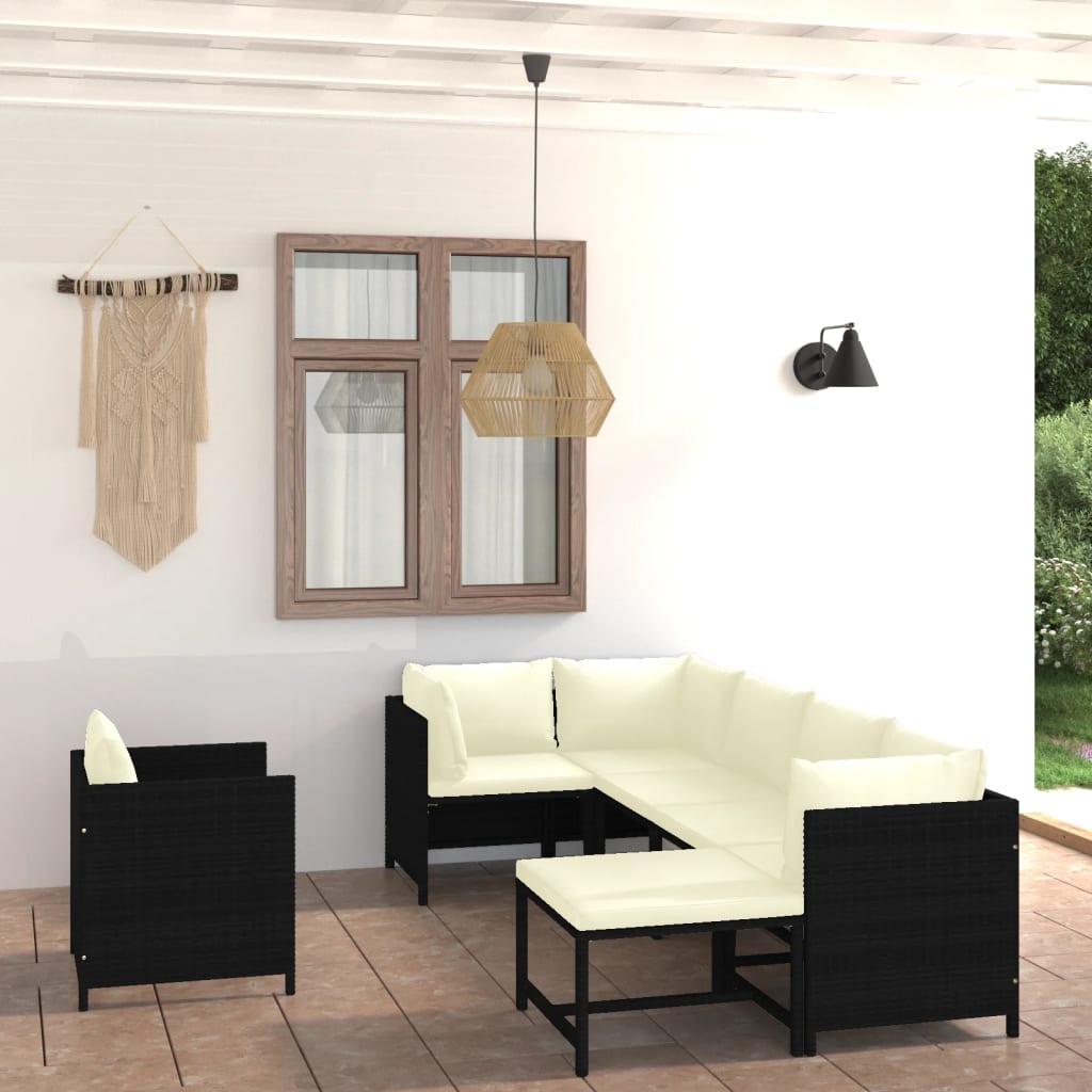 7 Piece Garden Lounge Set with Cushions Poly Rattan Black - Newstart Furniture