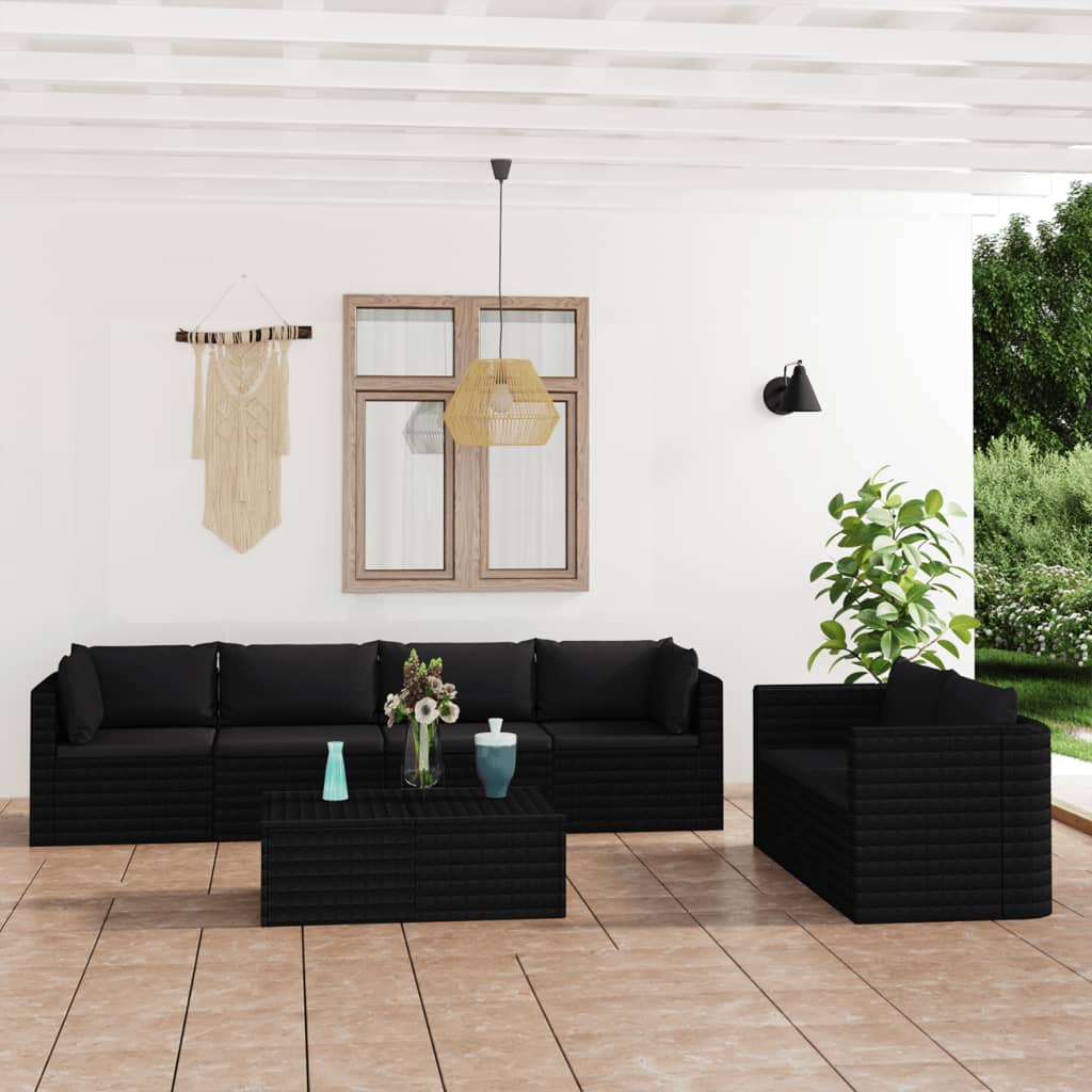 7 Piece Garden Lounge Set with Cushions Poly Rattan Black - Newstart Furniture