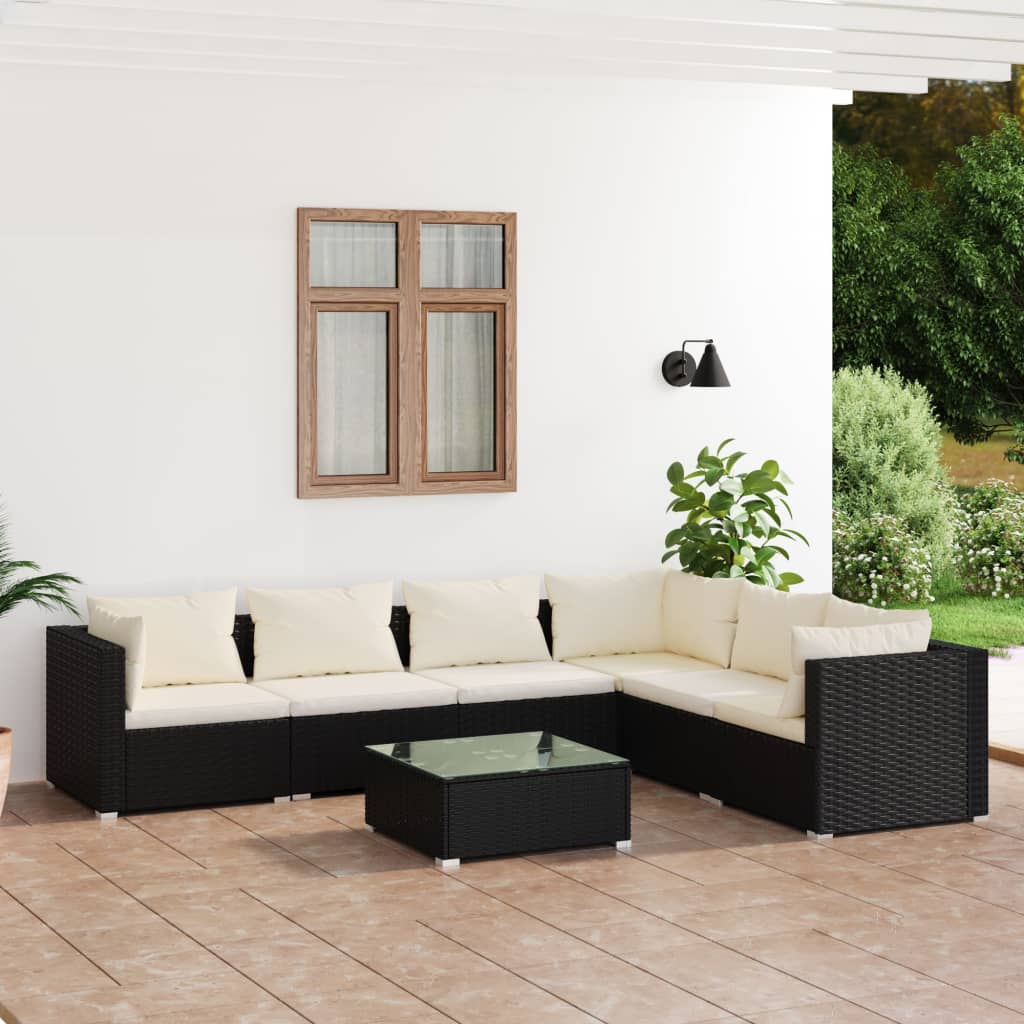 7 Piece Garden Lounge Set with Cushions Poly Rattan Black - Newstart Furniture