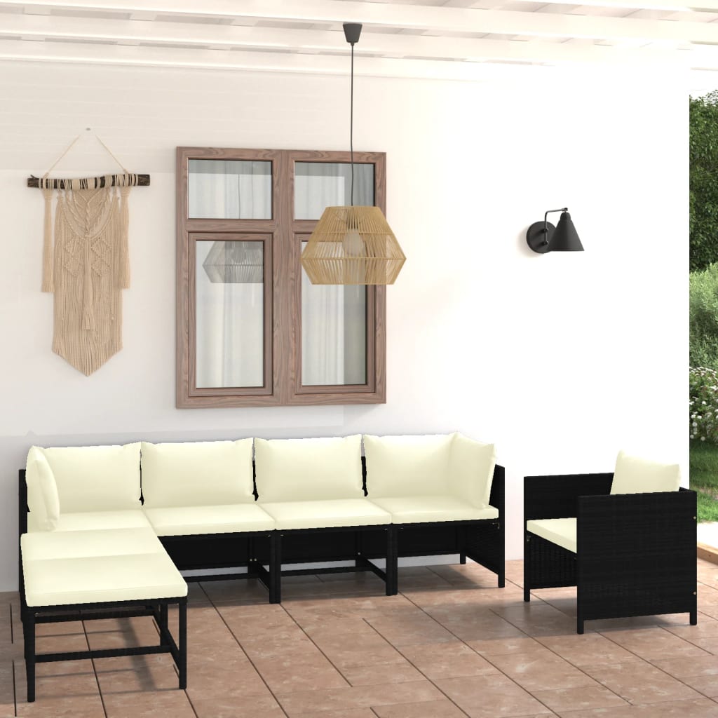 7 Piece Garden Lounge Set with Cushions Poly Rattan Black - Newstart Furniture