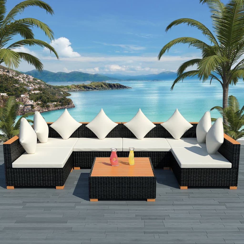 7 Piece Garden Lounge Set with Cushions Poly Rattan Black - Newstart Furniture