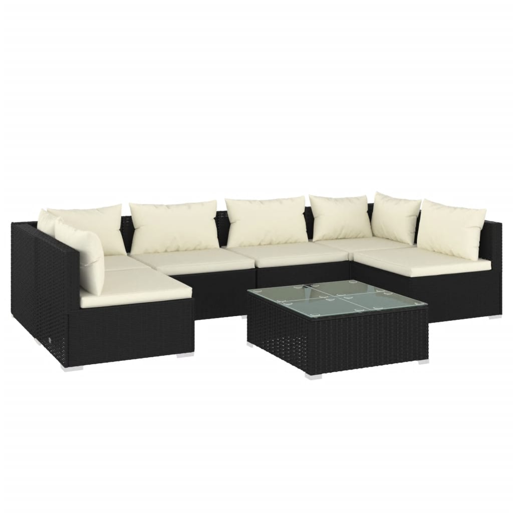 7 Piece Garden Lounge Set with Cushions Poly Rattan Black - Newstart Furniture