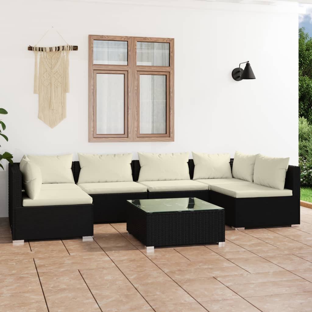 7 Piece Garden Lounge Set with Cushions Poly Rattan Black - Newstart Furniture