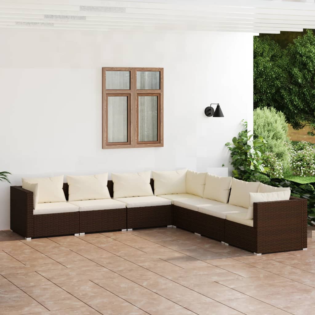 7 Piece Garden Lounge Set with Cushions Poly Rattan Brown - Newstart Furniture