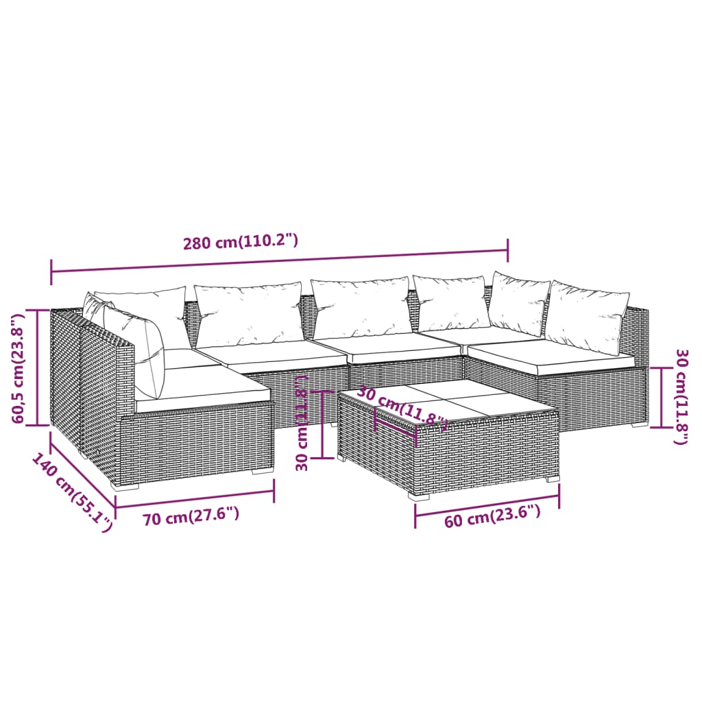 7 Piece Garden Lounge Set with Cushions Poly Rattan Brown - Newstart Furniture