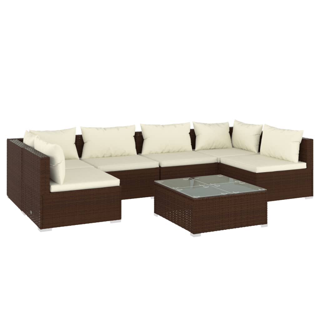 7 Piece Garden Lounge Set with Cushions Poly Rattan Brown - Newstart Furniture