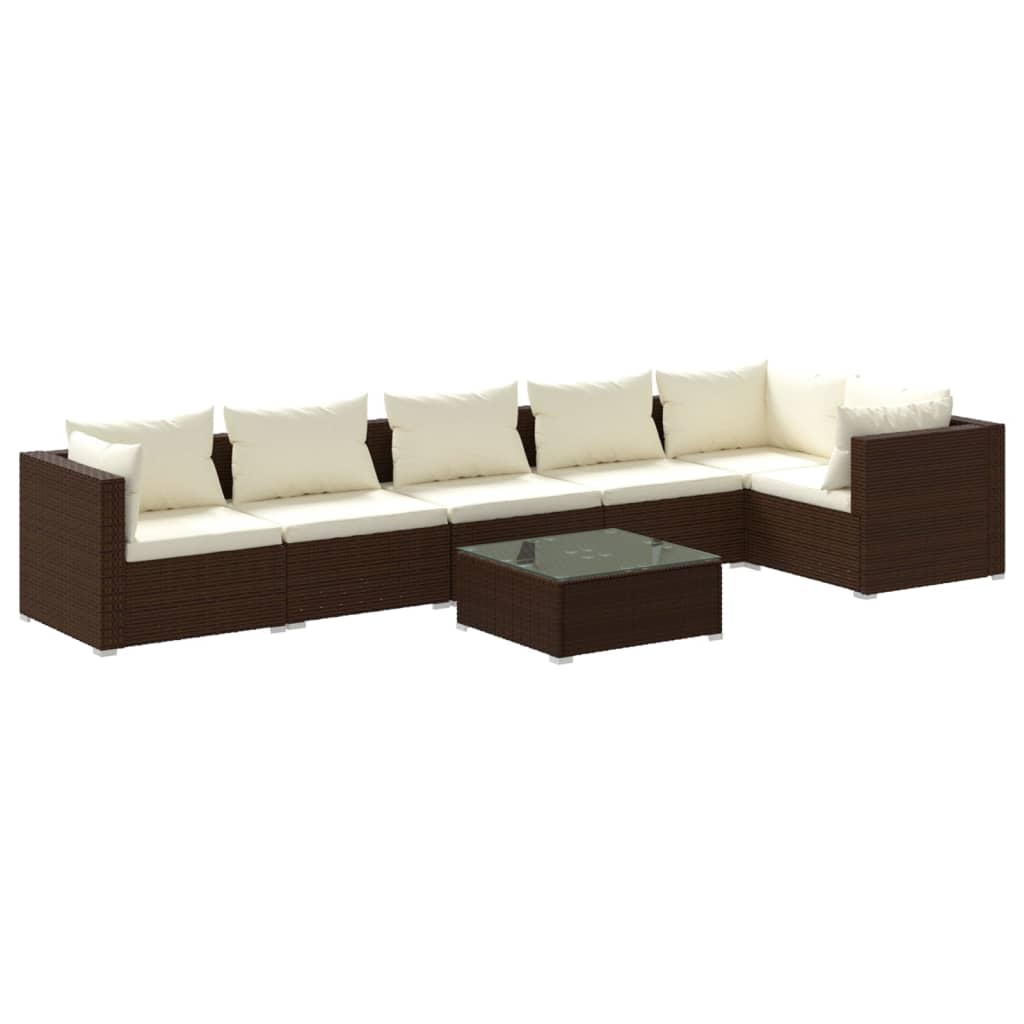 7 Piece Garden Lounge Set with Cushions Poly Rattan Brown - Newstart Furniture