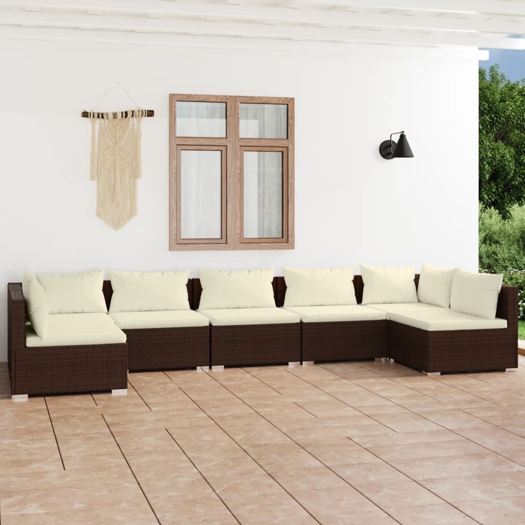 7 Piece Garden Lounge Set with Cushions Poly Rattan Brown - Newstart Furniture