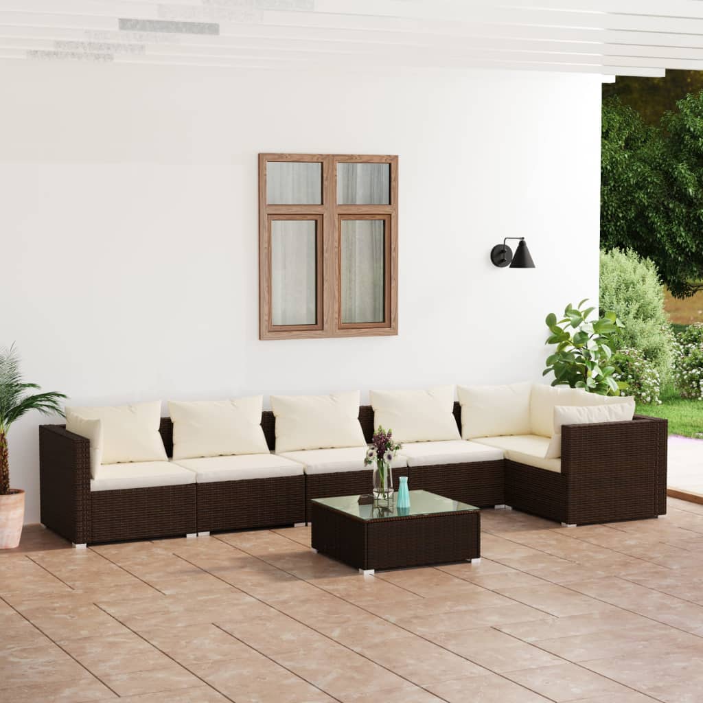 7 Piece Garden Lounge Set with Cushions Poly Rattan Brown - Newstart Furniture