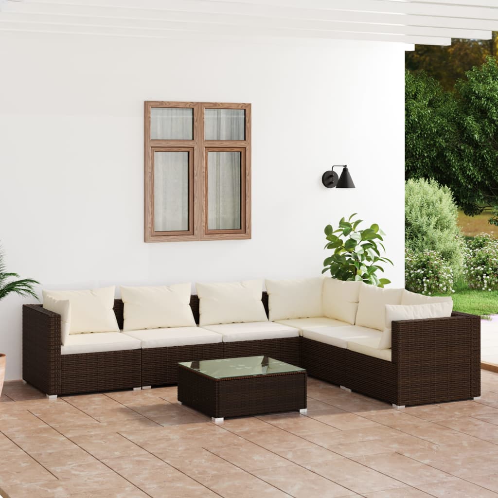 7 Piece Garden Lounge Set with Cushions Poly Rattan Brown - Newstart Furniture