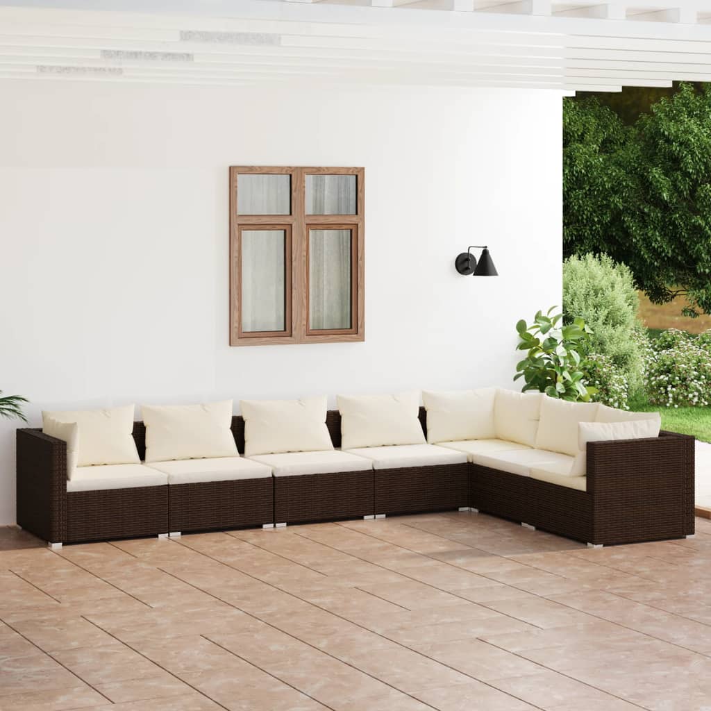 7 Piece Garden Lounge Set with Cushions Poly Rattan Brown - Newstart Furniture