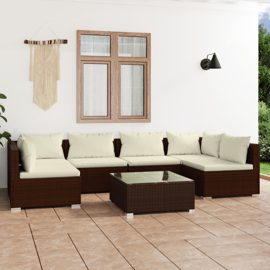 7 Piece Garden Lounge Set with Cushions Poly Rattan Brown - Newstart Furniture