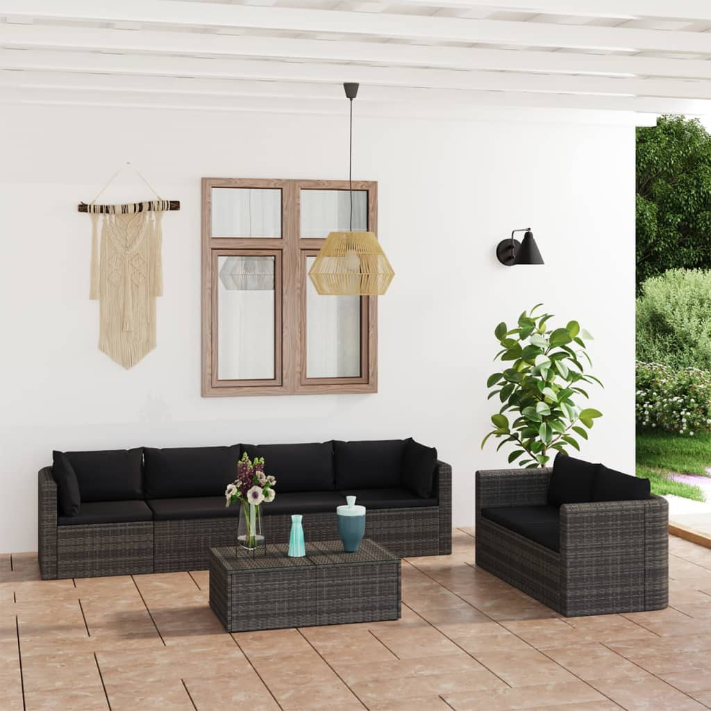 7 Piece Garden Lounge Set with Cushions Poly Rattan Grey - Newstart Furniture