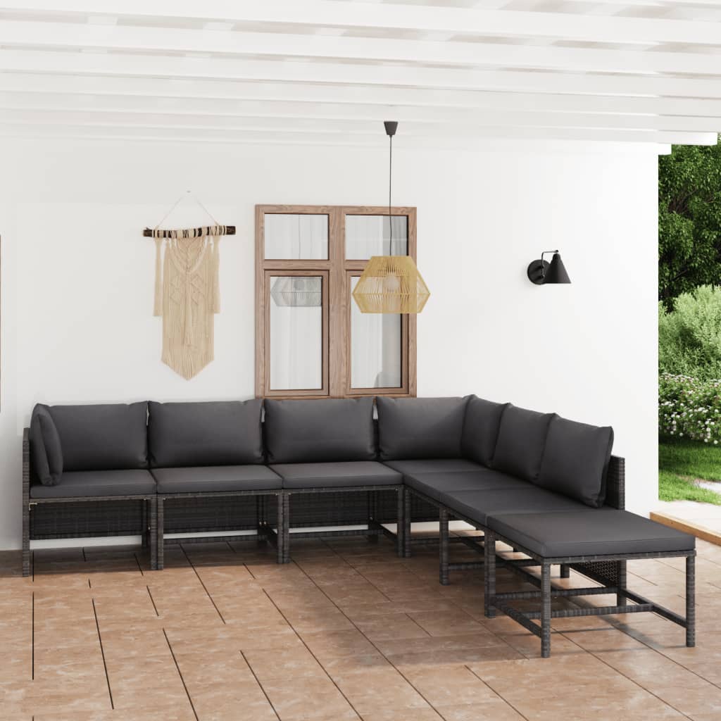 7 Piece Garden Lounge Set with Cushions Poly Rattan Grey - Newstart Furniture