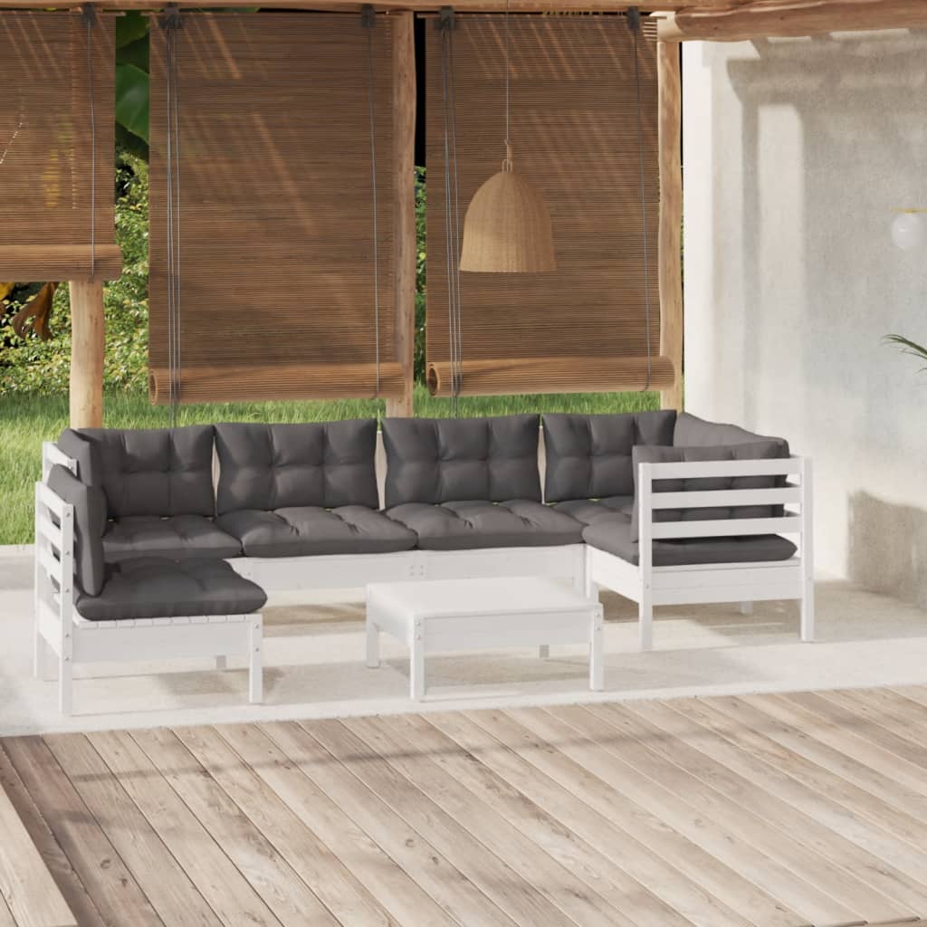 7 Piece Garden Lounge Set with Cushions White Pinewood - Newstart Furniture