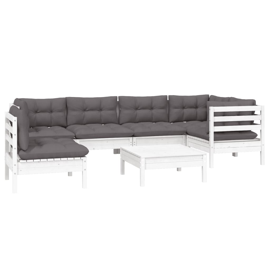 7 Piece Garden Lounge Set with Cushions White Pinewood - Newstart Furniture