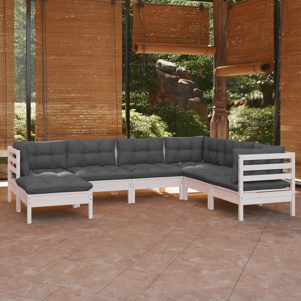 7 Piece Garden Lounge Set with Cushions White Solid Pinewood - Newstart Furniture